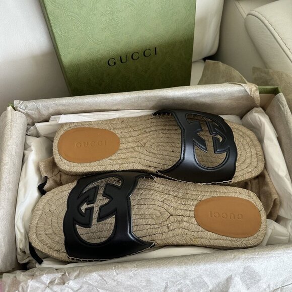 NEW Gucci Interlocking G Cut Out Leather Slides Espadrilles sz 10 Men’s Sandals - Picture 10 of 12